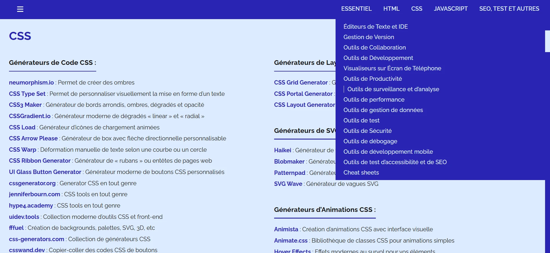 Capture d’écran du site d’outils Front End de Léa Buonomo